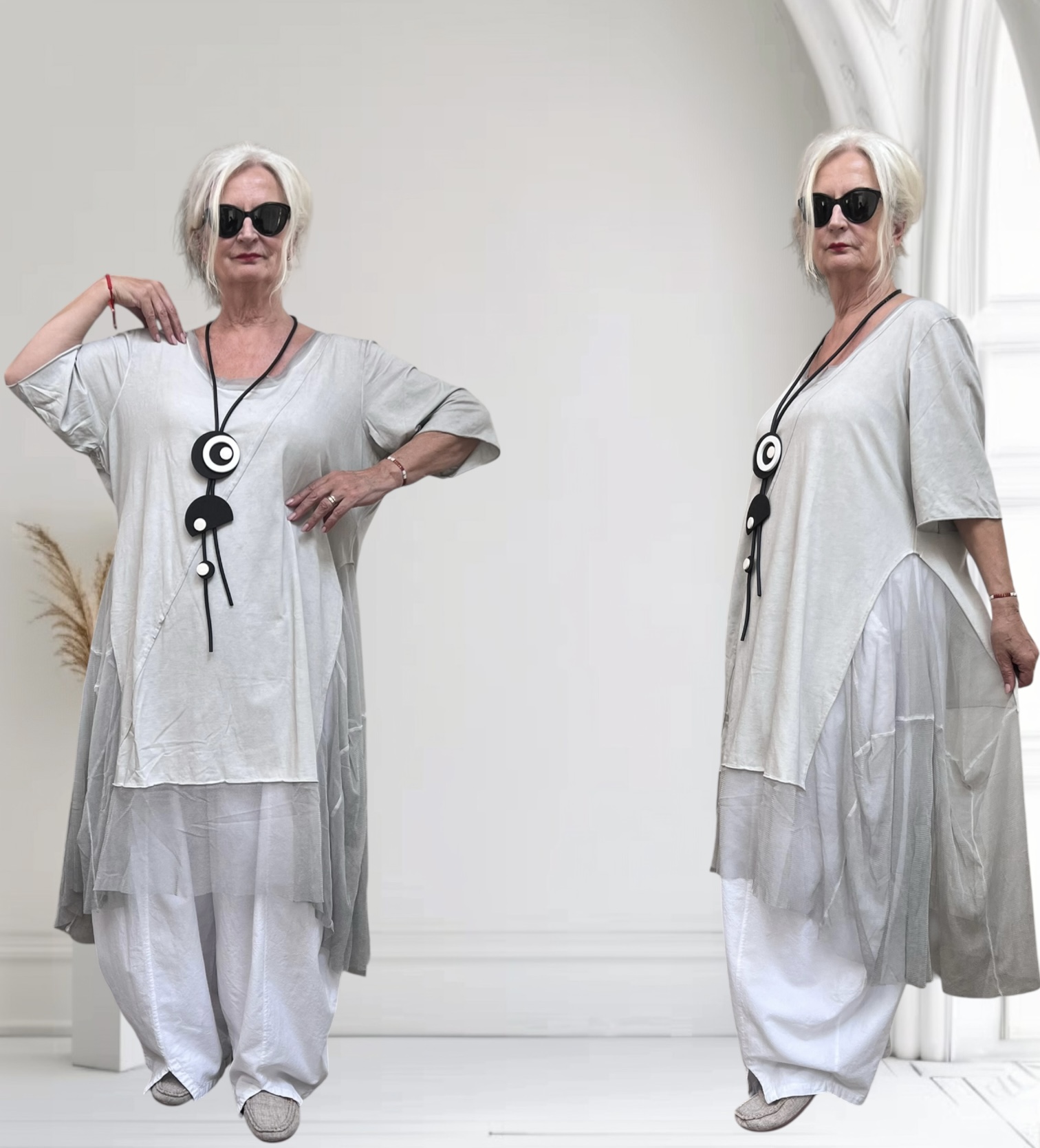 LUUKAA de modieuze kleuring oversized katoen  A-lijn jurk/tuniek met tule/ stretch