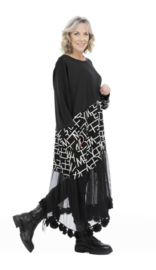 AKH oversized jersey viscose  A-lijn jurk met inzet van tule apart zwart/grijs stretch