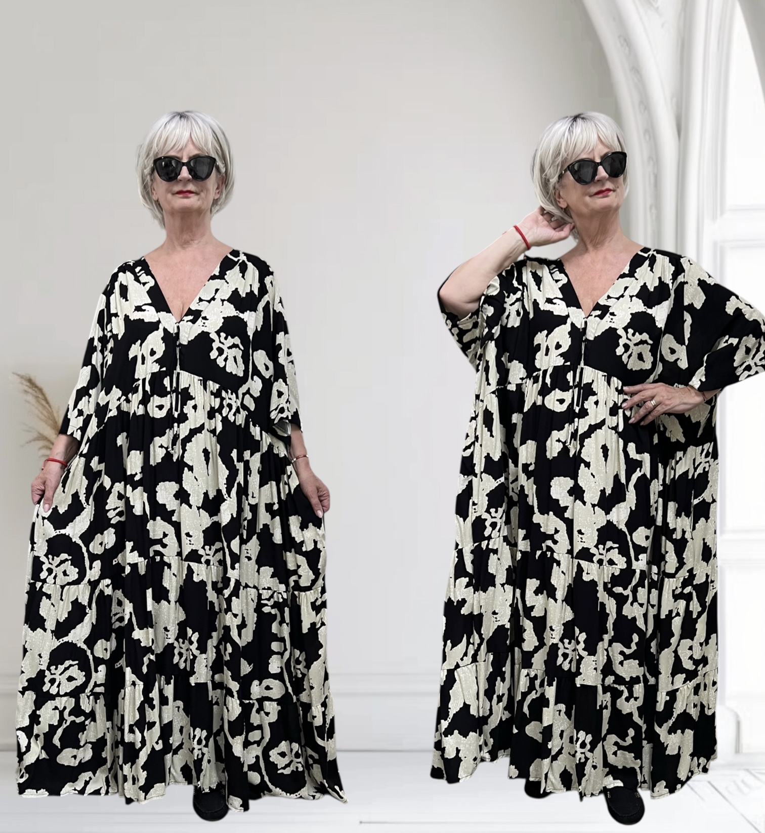 Vincenzo Allocca oversized viscose  BOHO A-lijn jurk apart zwart/ecru
