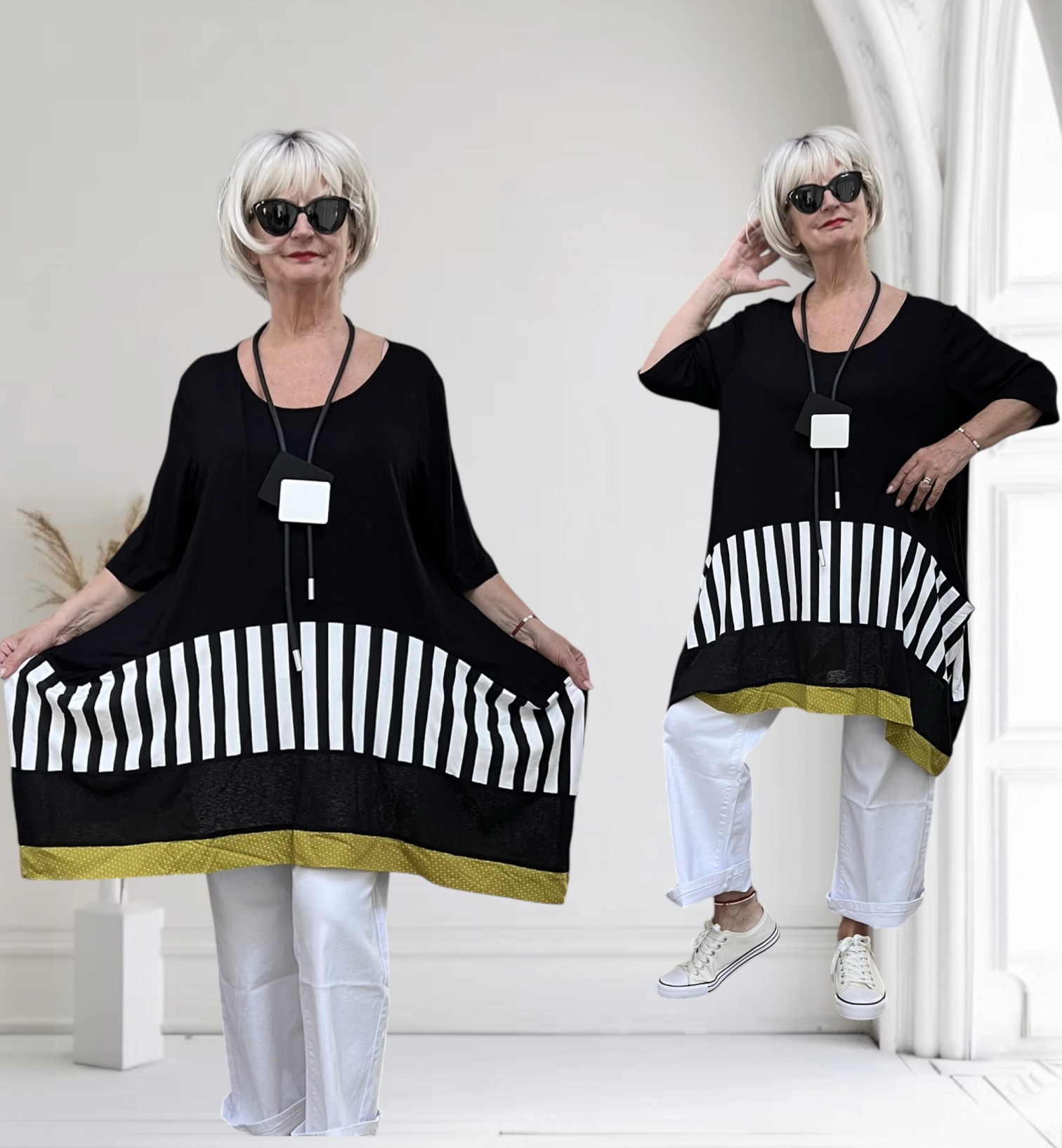 	 LUUKAA viscose A-lijn tuniek/stretch  zwart/wit/olijfgroen
