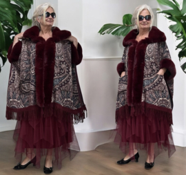 ITALIA viscose gebreid boho poncho met bont