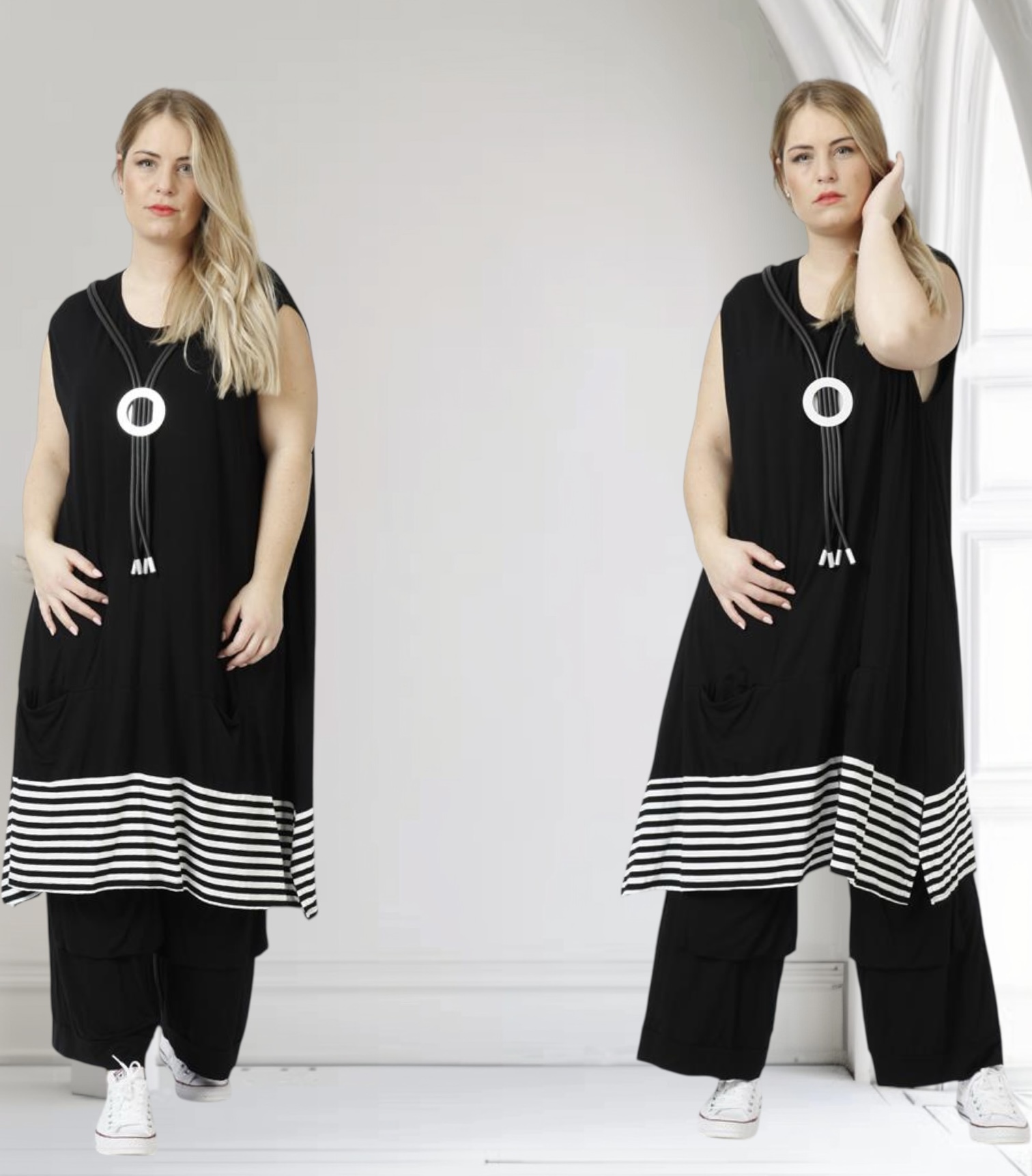 AKH oversized viscose  A-lijn jurk/tuniek met zakken /stretch /zwart/wit