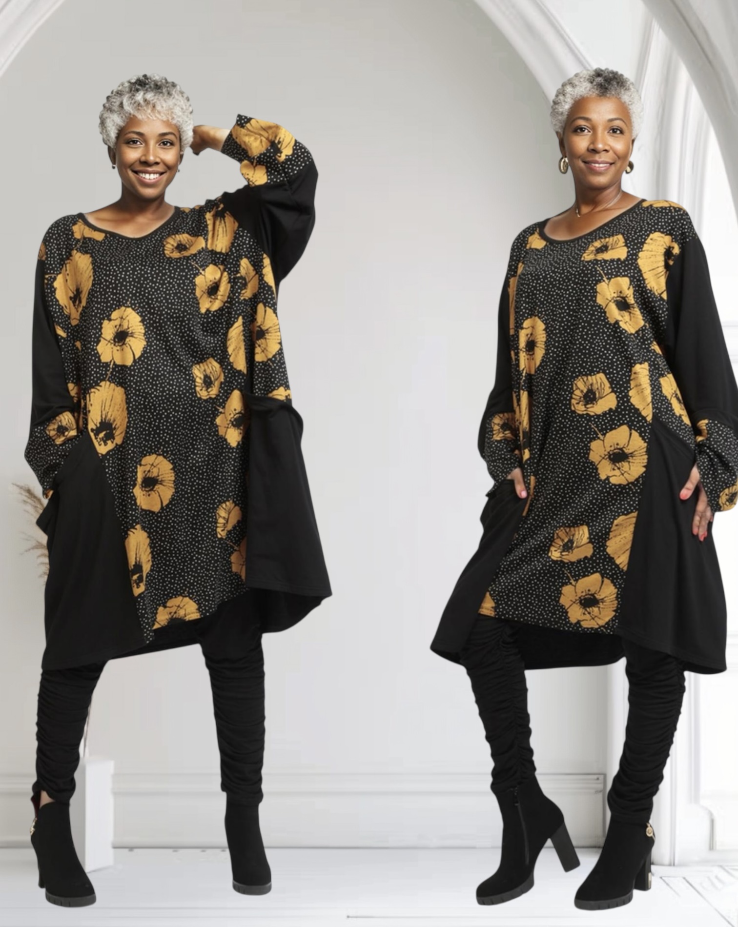 AKH oversized viscose mix tuniek apart stretch zwart/okergeel
