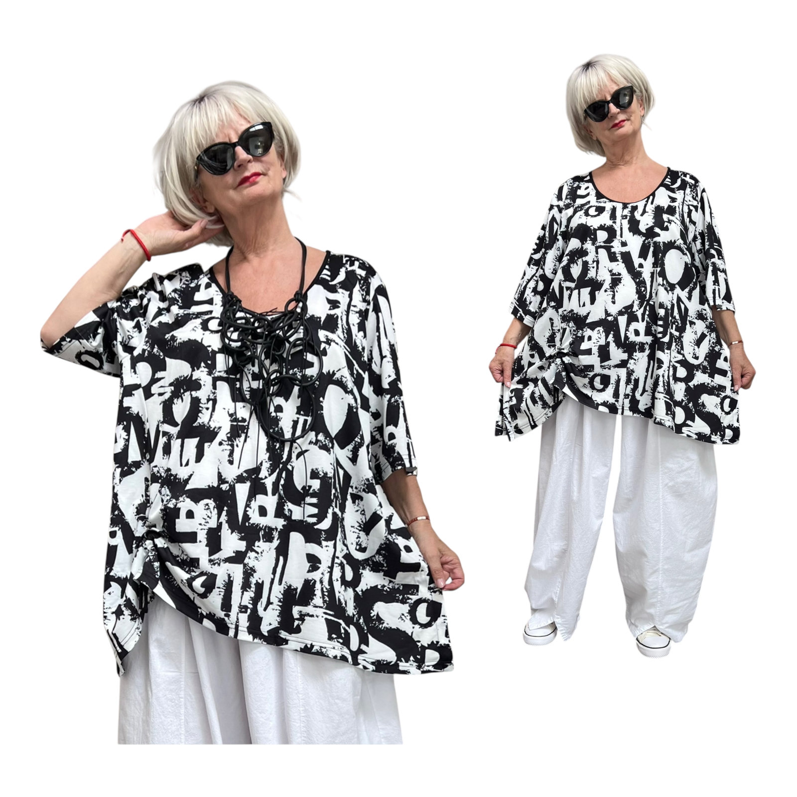 SINNE design.. A- lijn viscose/katoen top/tuniek stretch zwart/wit