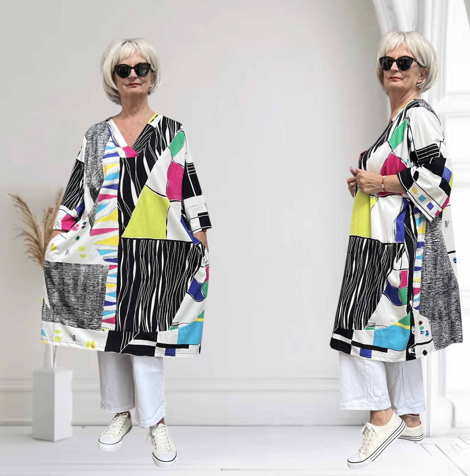Ophilia oversized katoen jurk met zakken/ stretch