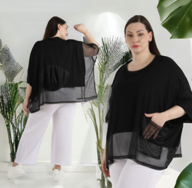 AKH oversized viscose top/tuniek met inzet van tule/apart stretch  zwart