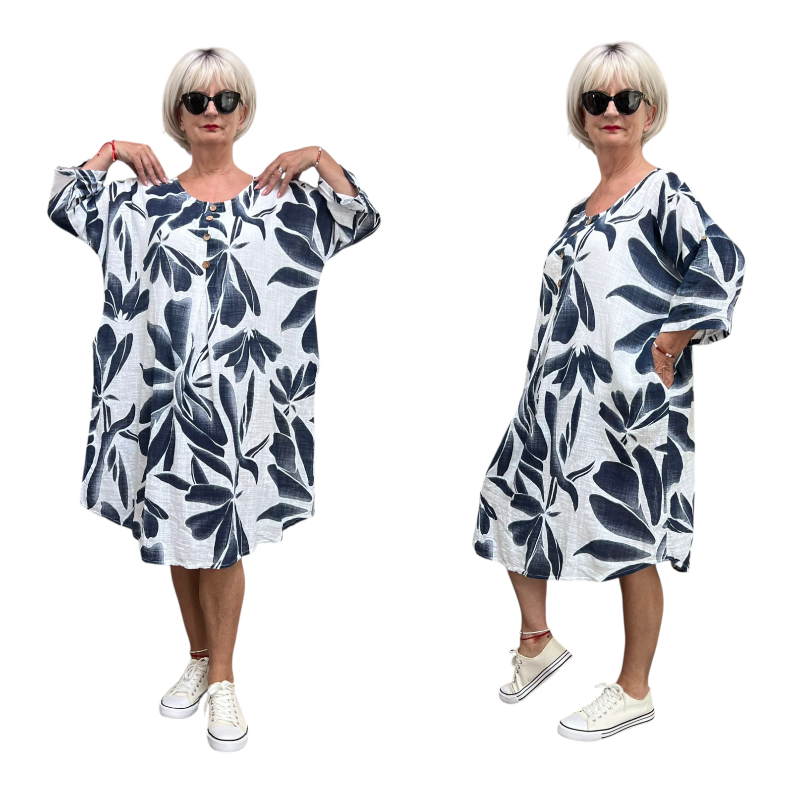 ITALIA  katoen tuniek/jurk met zakken wit/blauw