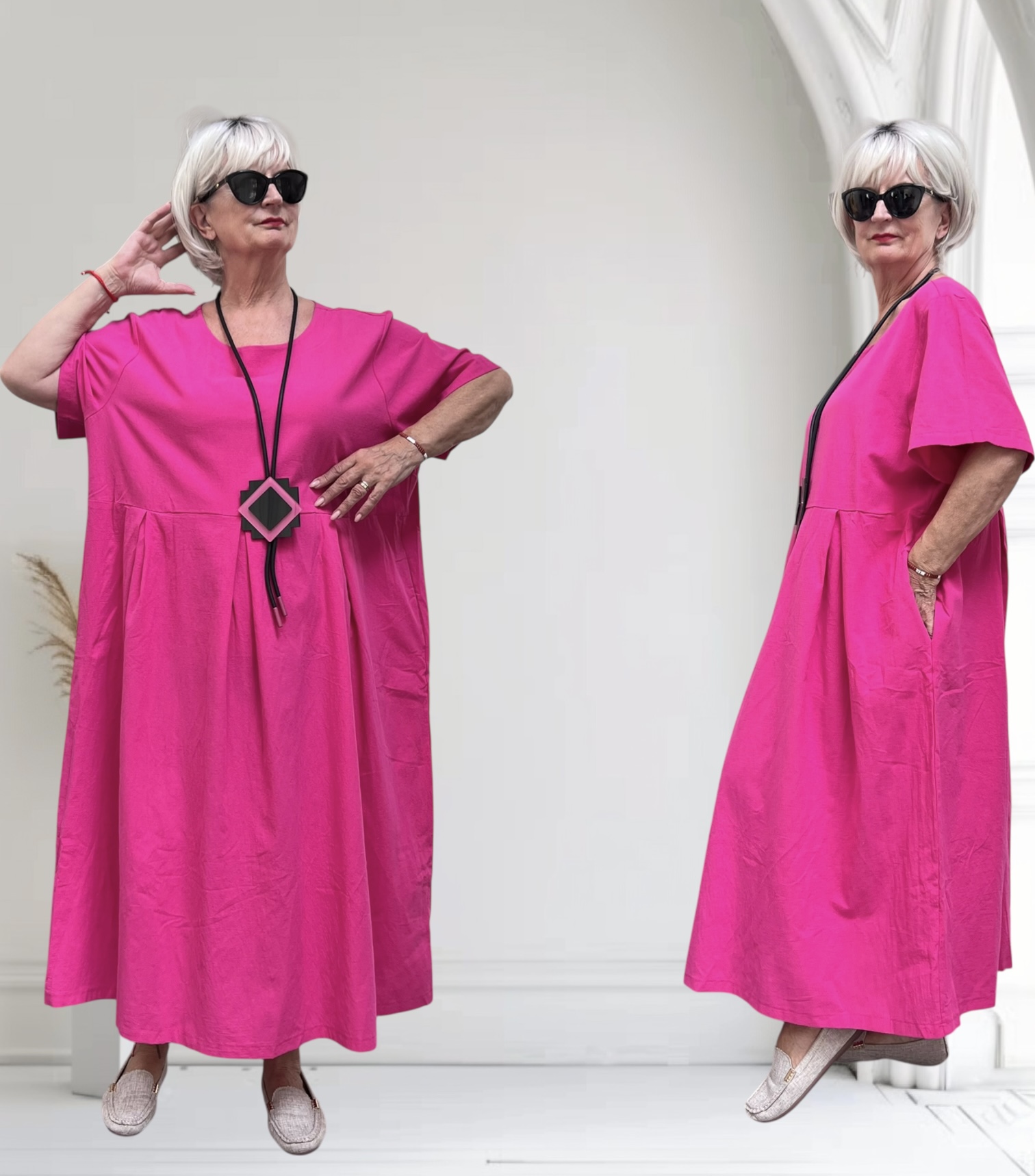 ITALIA  MODA  linnen/viscose wijde jurk met zakken apart