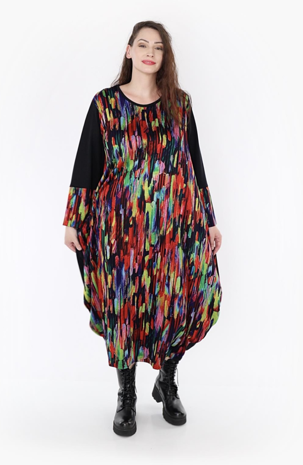 AKH oversized viscose mix ballon jurk apart stretch zwart/multicolor