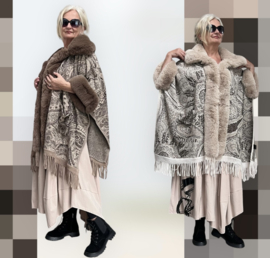 ITALIA viscose gebreid boho poncho met bont/in meerdere kleuren