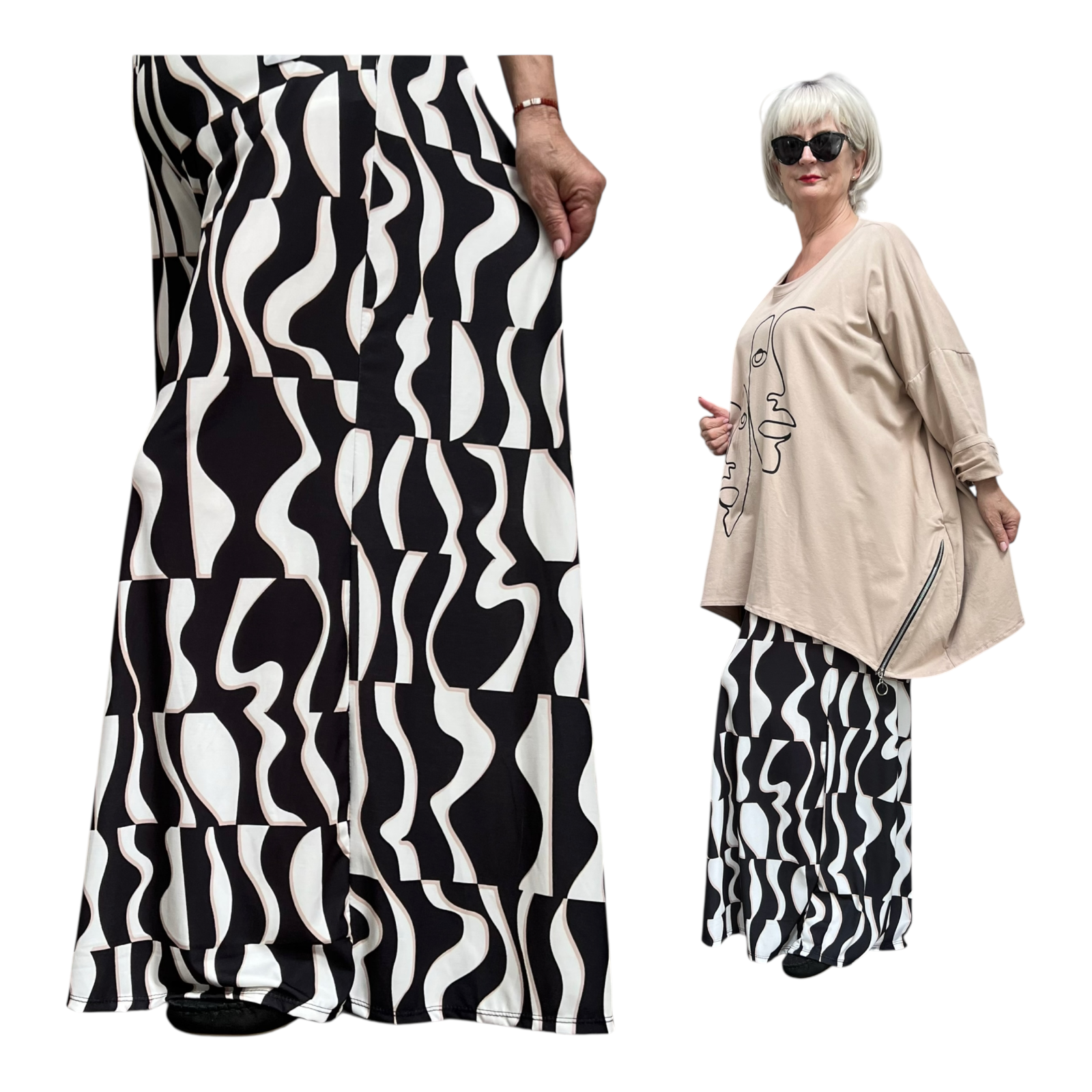 ITALY Mode jersey viscose  wijde broek apart /zeer rekbaar/zwart/wit/beige