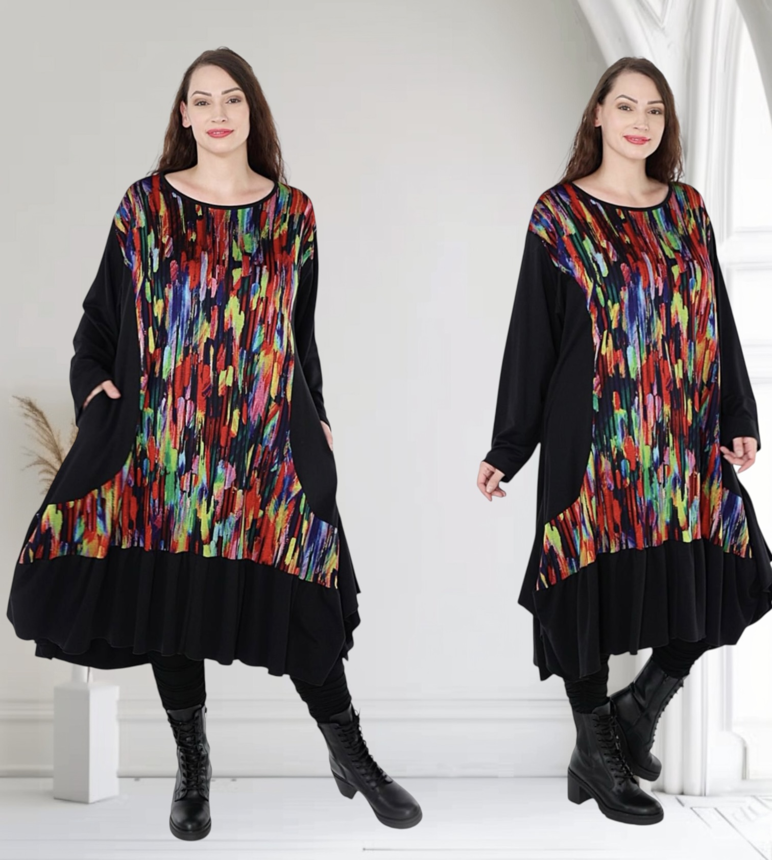 AKH oversized viscose mix A-lijn jurk apart stretch zwart/multicolor
