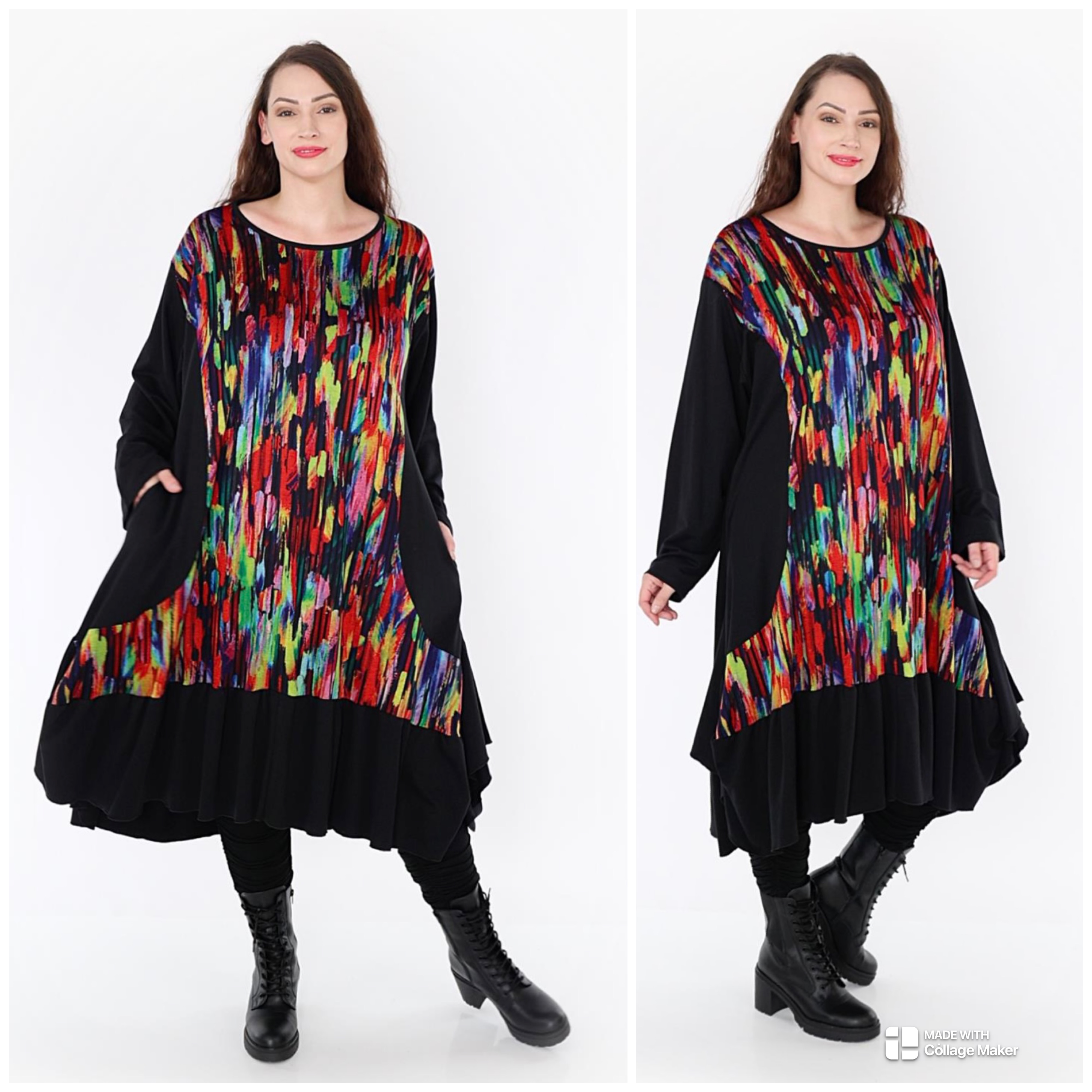 AKH oversized viscose mix A-lijn jurk apart stretch zwart/multicolor
