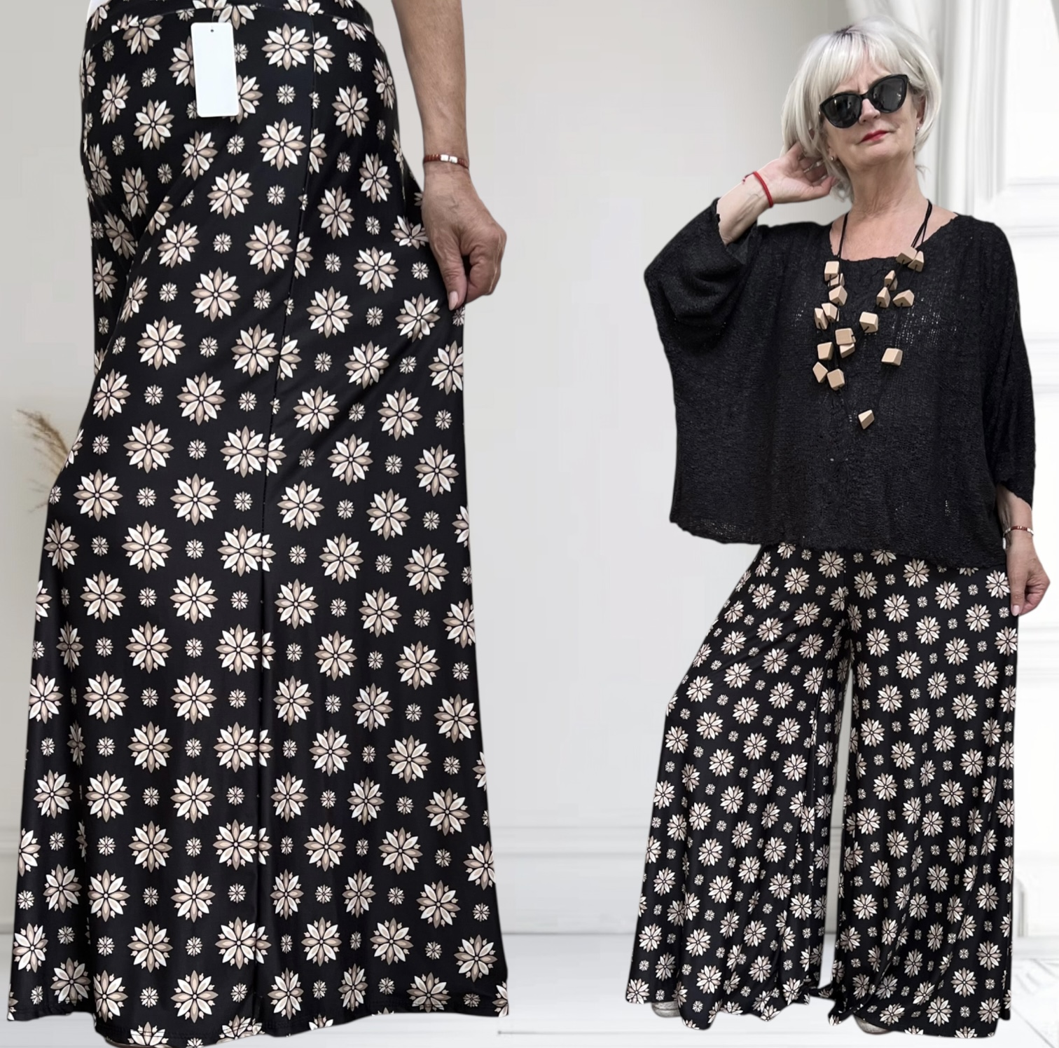 ITALY Mode jersey viscose  wijde broek apart /zeer rekbaar/zwart/beige
