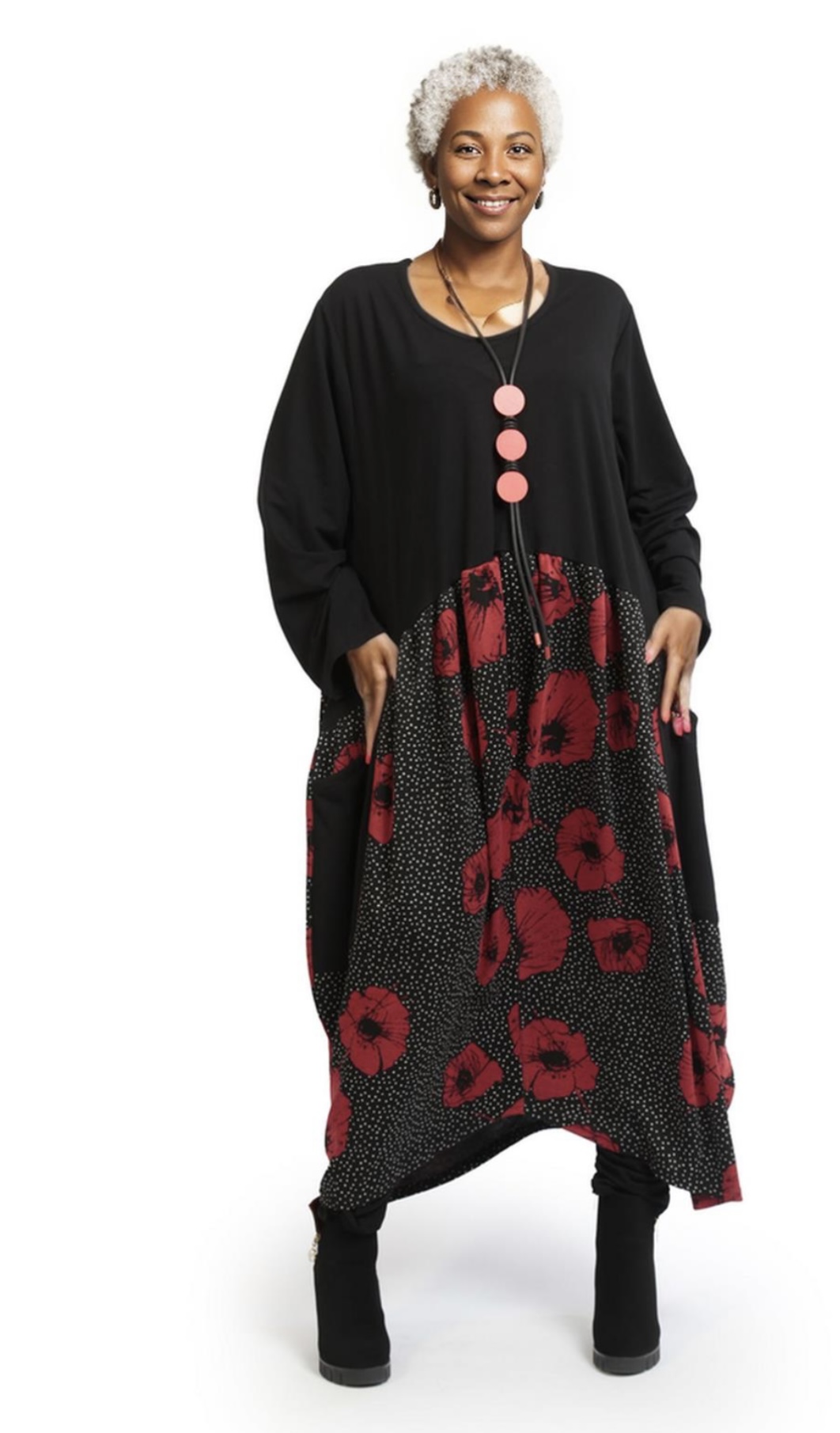 AKH oversized viscose mix A-lijn jurk apart stretch zwart/rood