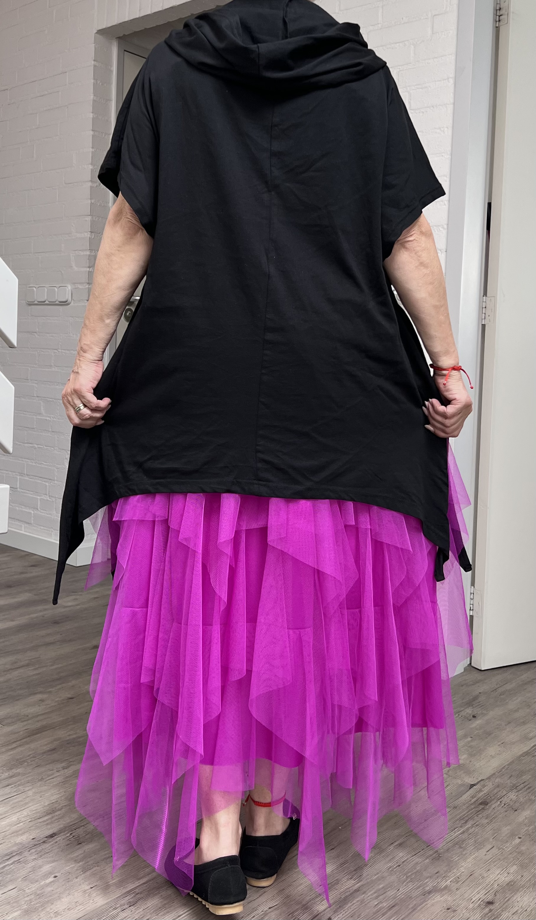 EU Queen design katoen oversized top met capuchon stretch zwart