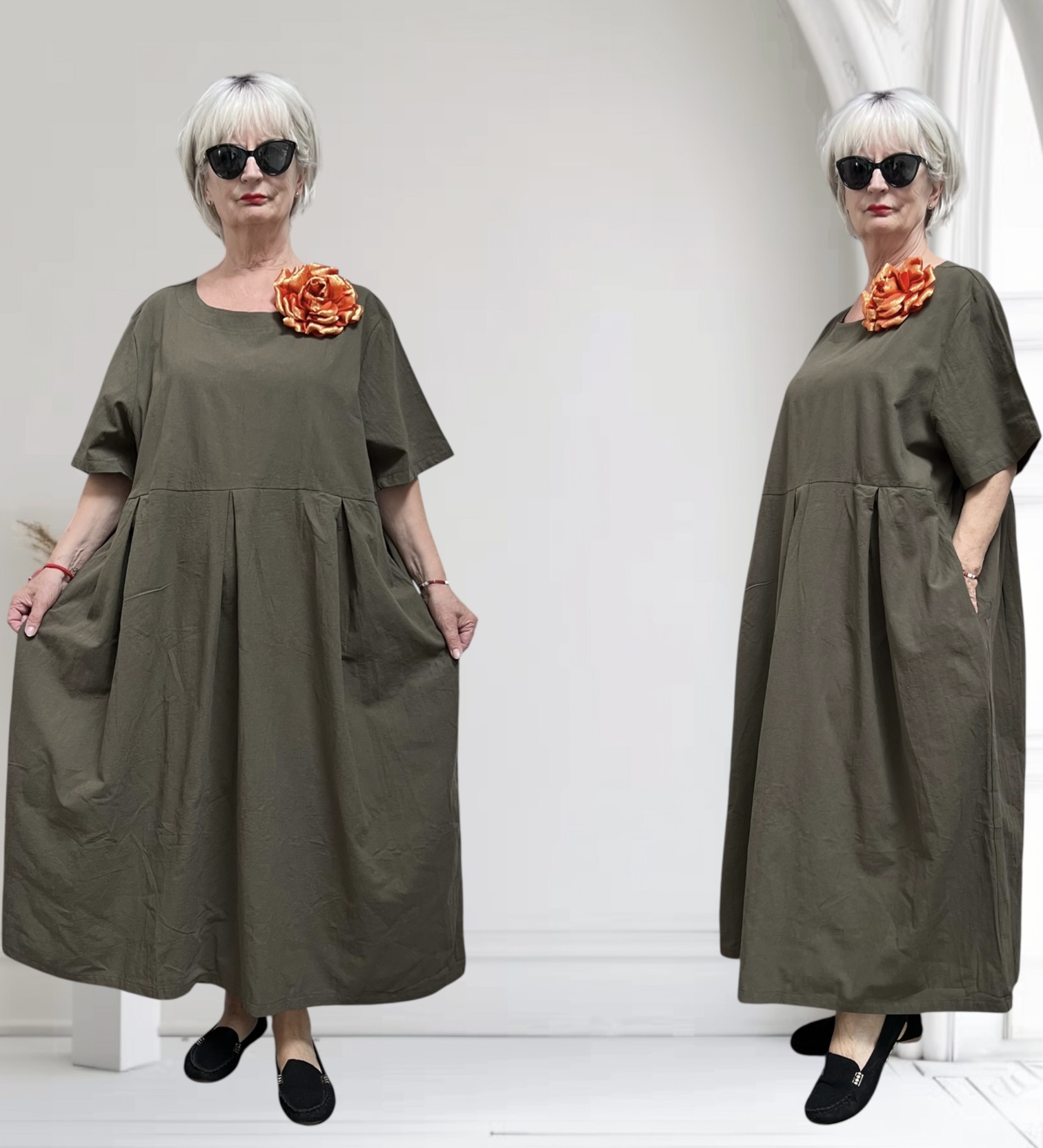 ITALIA  MODA  linnen/viscose  wijde jurk met broche apart
