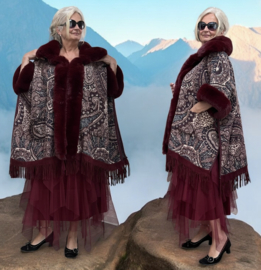 ITALIA viscose gebreid boho poncho met bont
