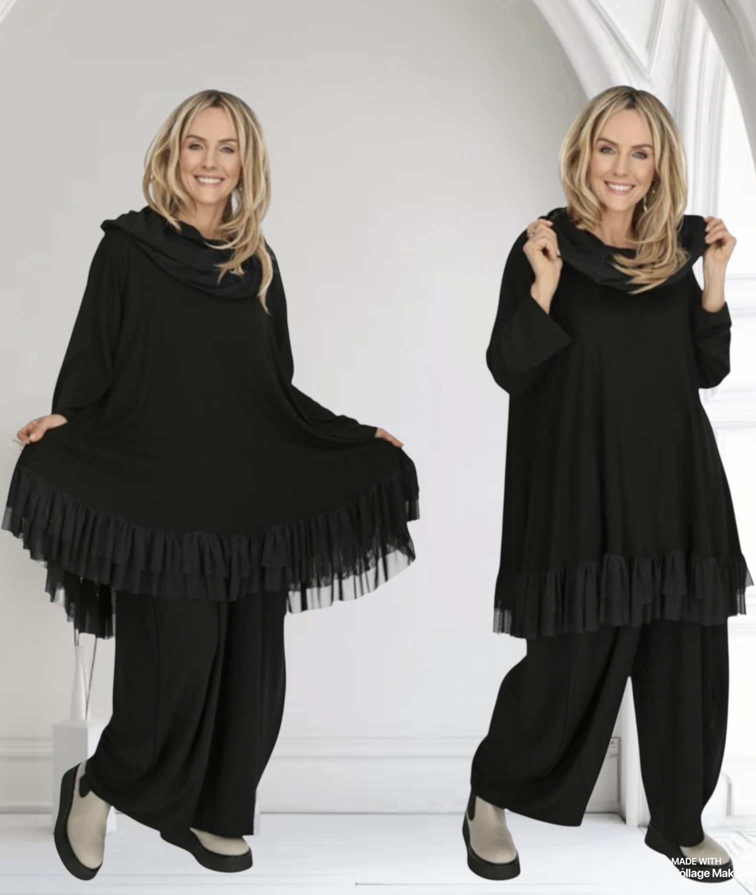 AKH viscose A-lijn tuniek/jurk met chiffon stof en capuchon apart stretch