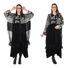 AKH oversized viscose/katoen blouse met inzet van tule apart stretch /zwart/wit