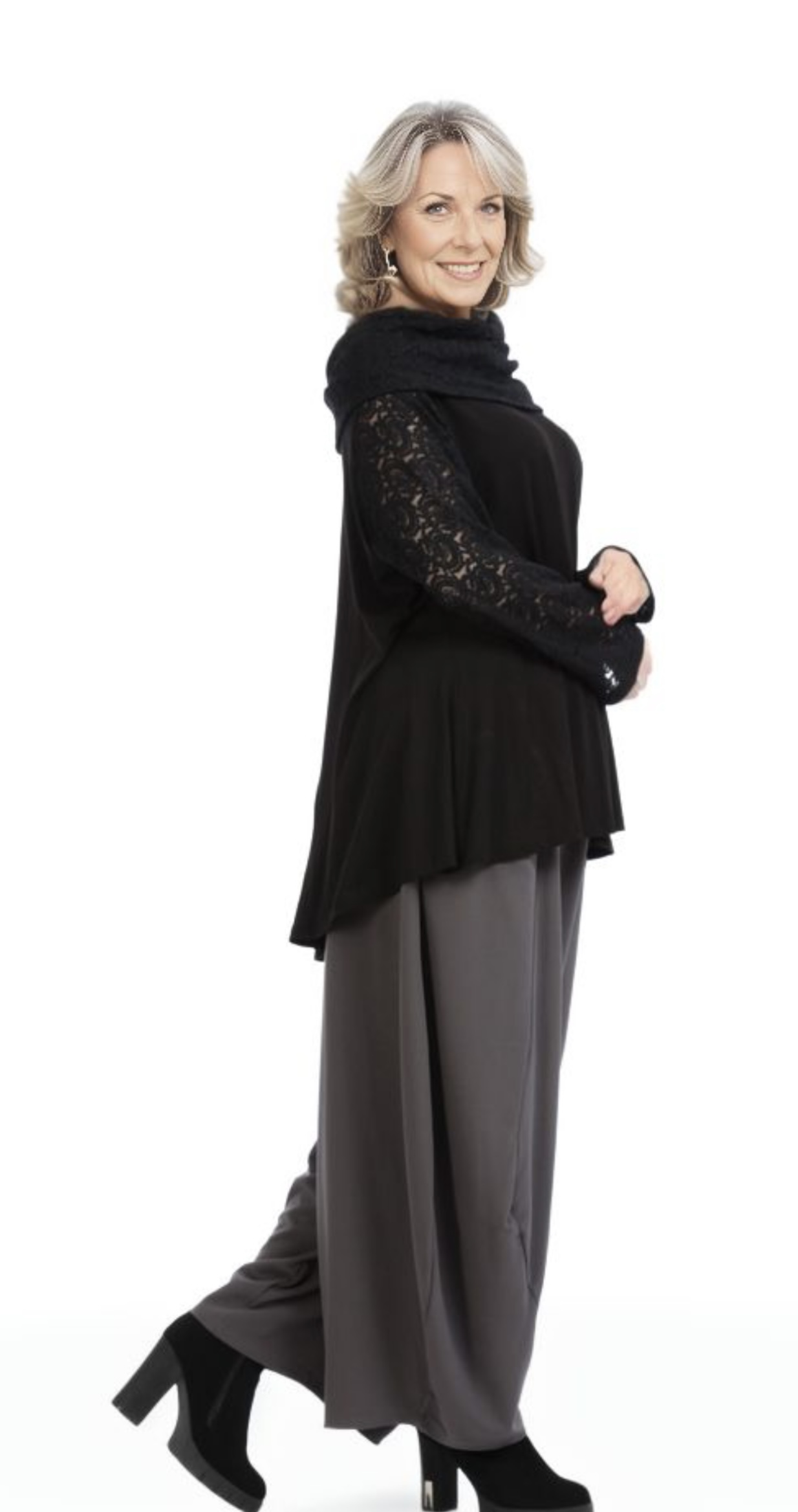 AKH oversized viscose jersey  A-lijn tuniek met col/apart/kant/ stretch zwart stretch