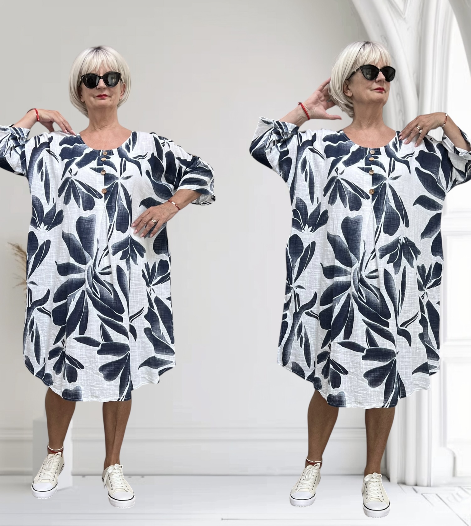ITALIA  katoen tuniek/jurk met zakken wit/blauw