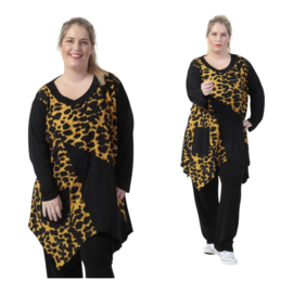 AKH oversized tricot viscose mix A-lijn tuniek apart stretch zwart/geel