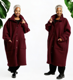 AKH oversized lange wollen winterjas/mantel  gevoerd wijnrood