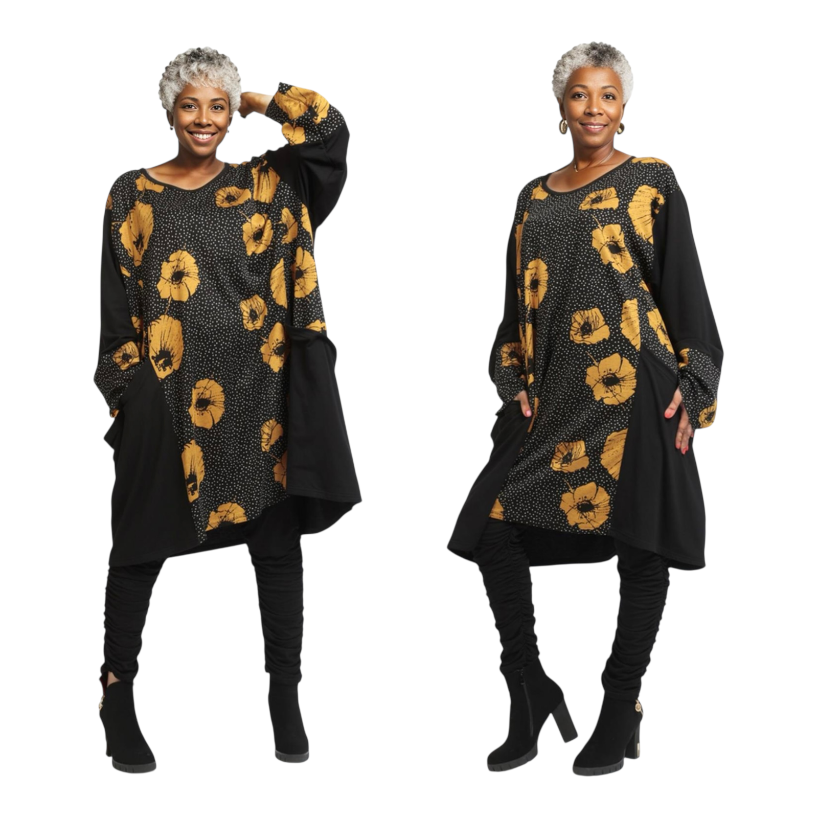 AKH oversized viscose mix tuniek apart stretch zwart/okergeel