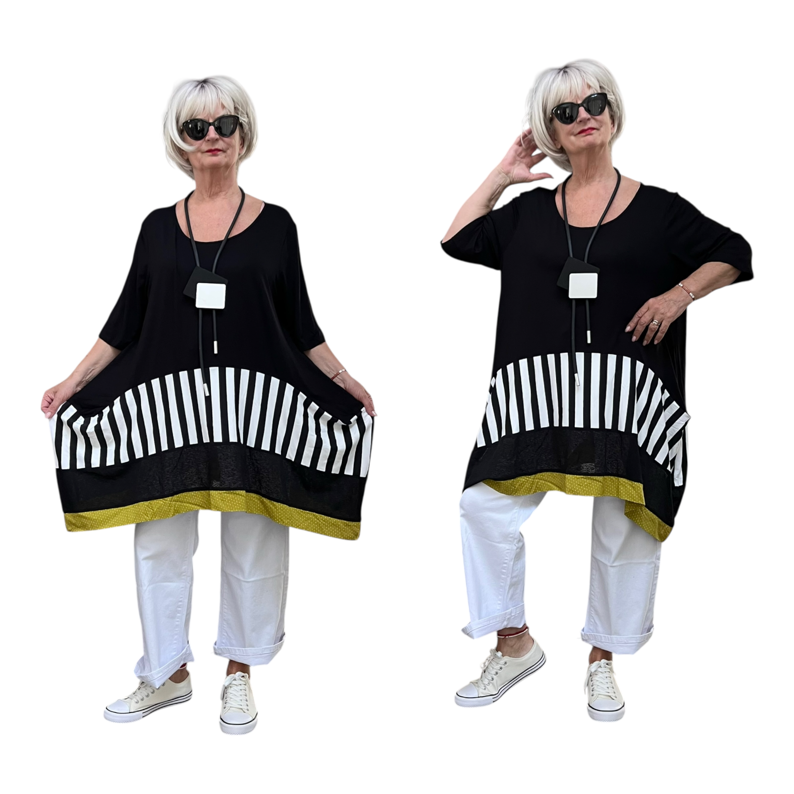	 LUUKAA viscose A-lijn tuniek/stretch  zwart/wit/olijfgroen