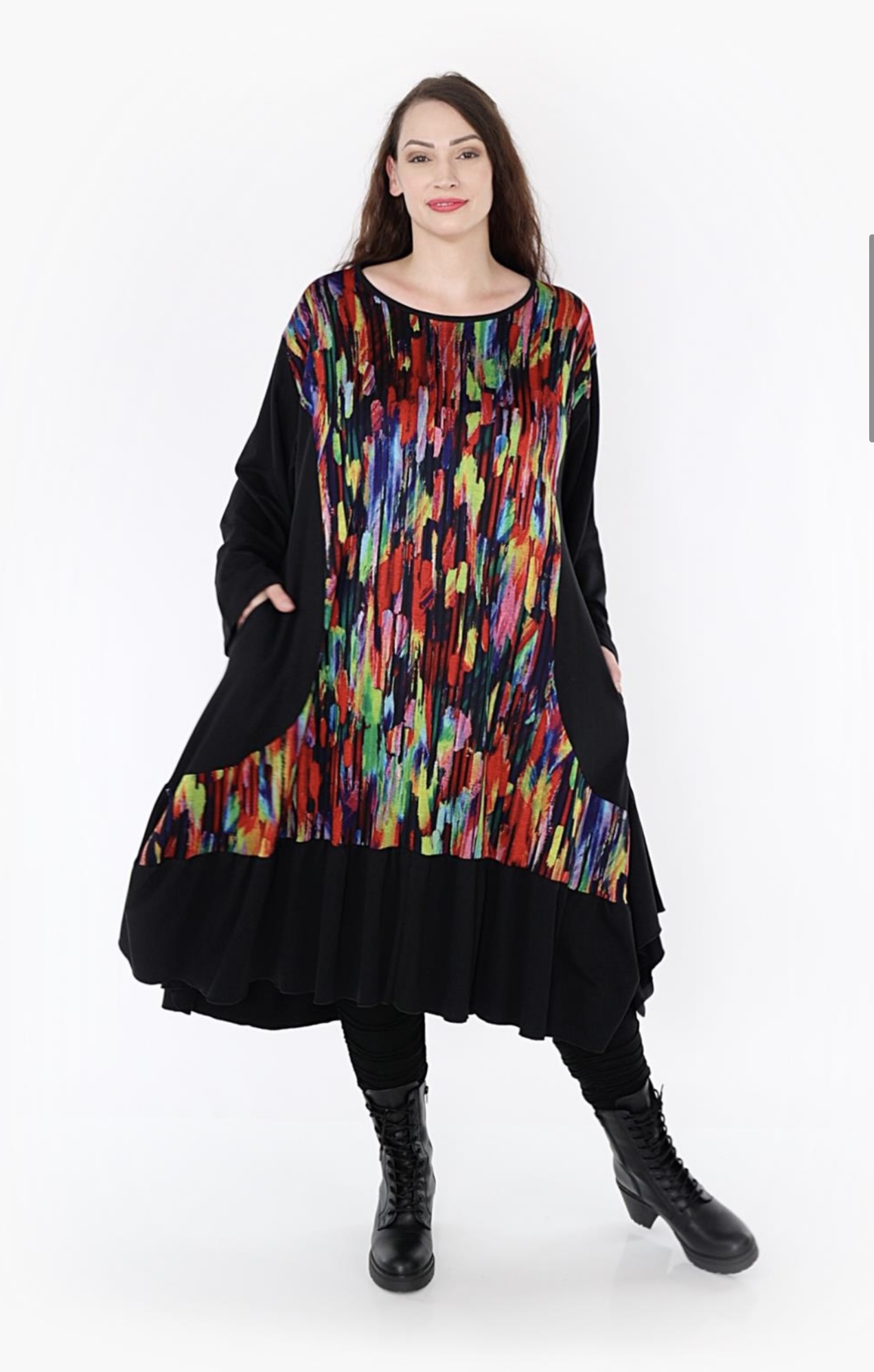 AKH oversized viscose mix A-lijn jurk apart stretch zwart/multicolor