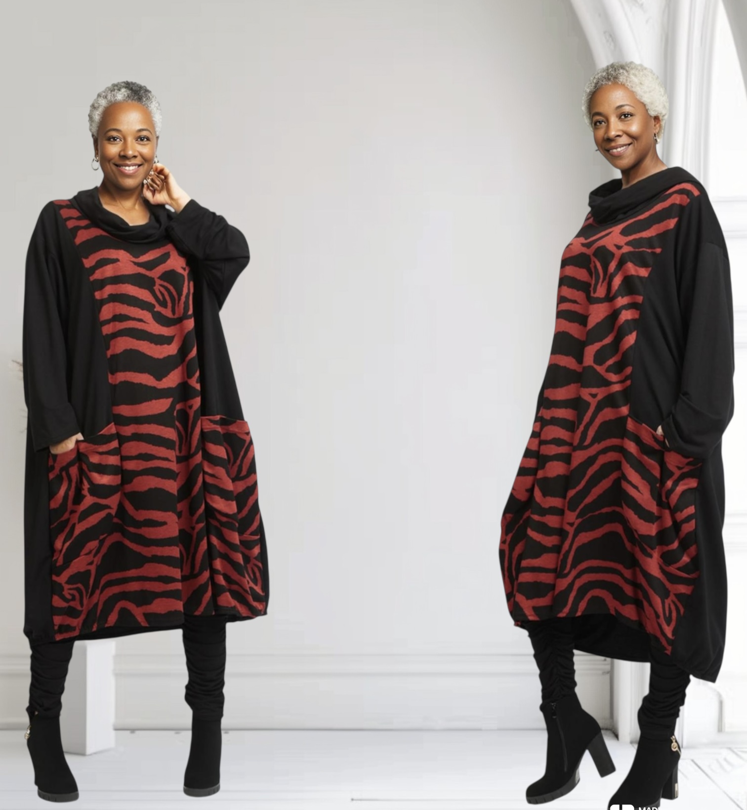 AKH oversized viscose mix jurk/tuniek apart stretch zwart/rood