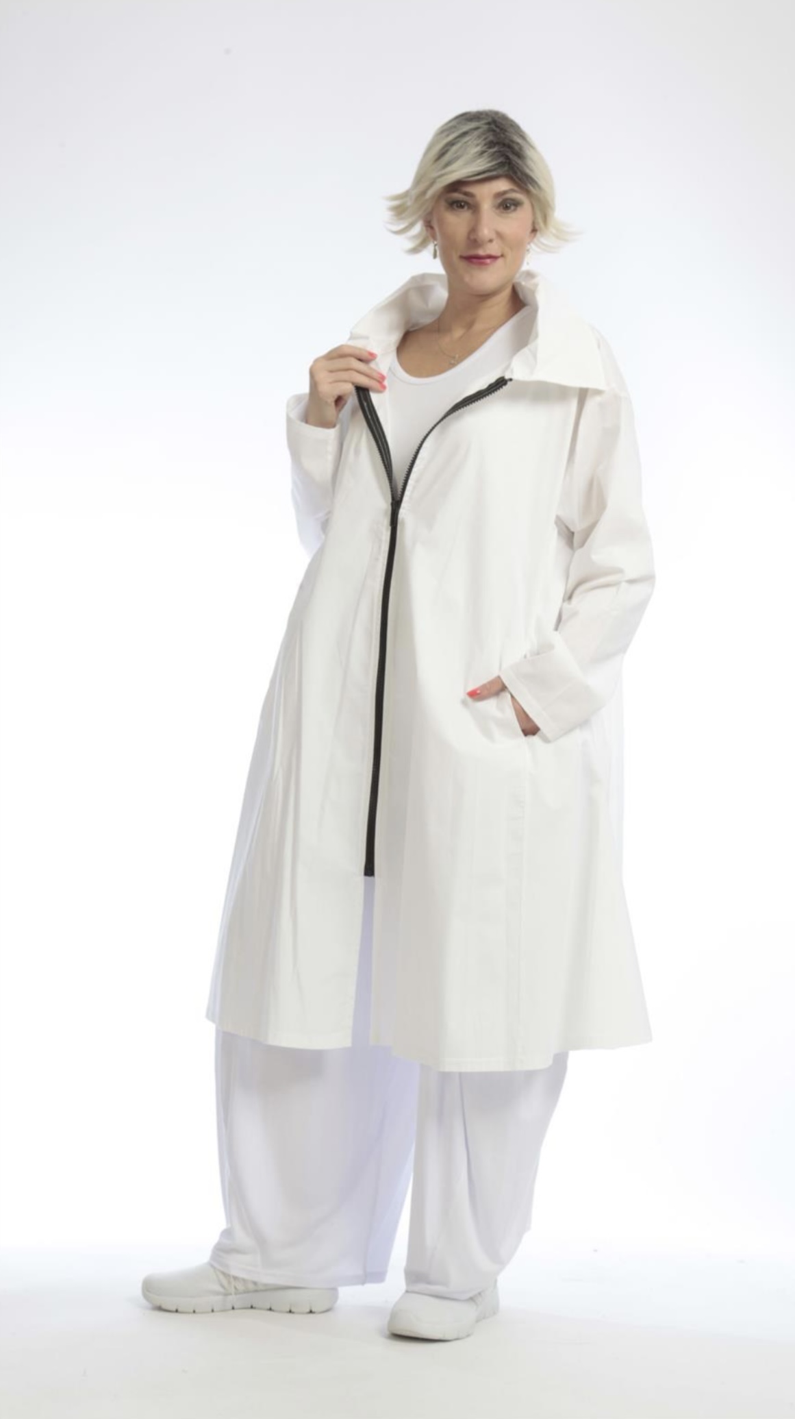 AKH katoen A-lijn zomer blouse /jas /blazer met ritssluiting/wit