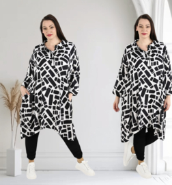 AKH oversized viscose A-lijn blouse/tuniek zwart/wit  apart