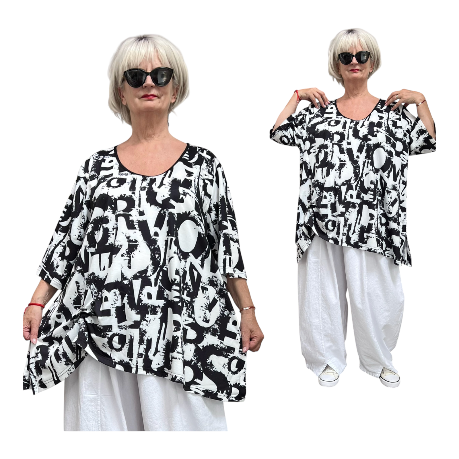 SINNE design.. A- lijn viscose/katoen top/tuniek stretch zwart/wit
