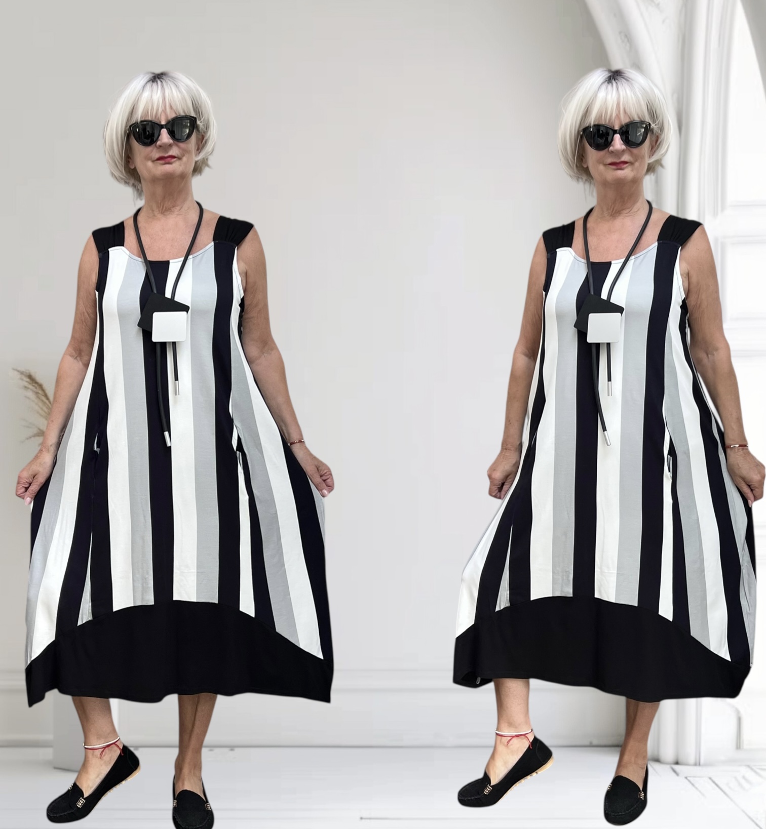Naveed  oversized viscose jersey A-lijn jurk stretch/ wit/zwart/grijs