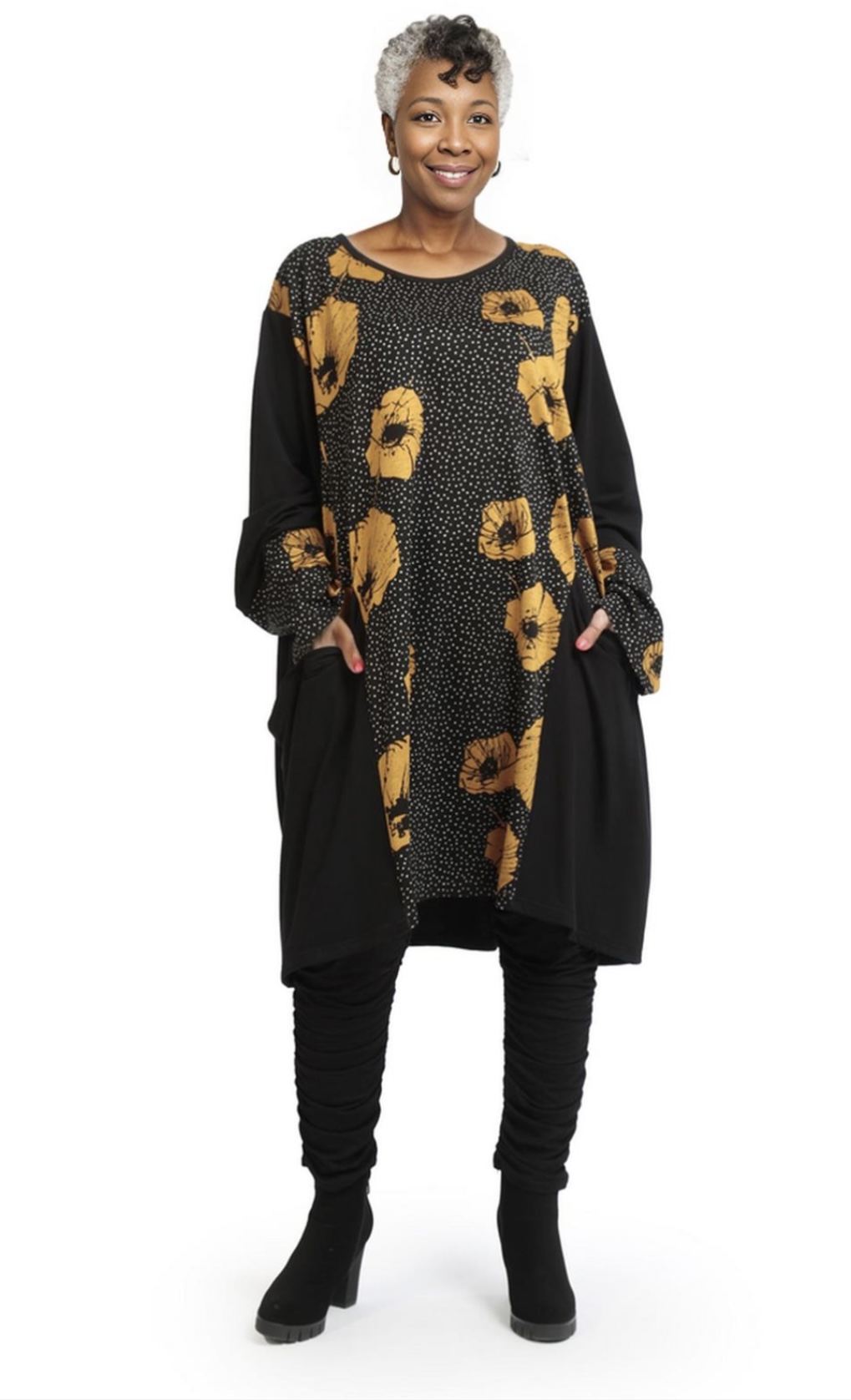 AKH oversized viscose mix tuniek apart stretch zwart/okergeel