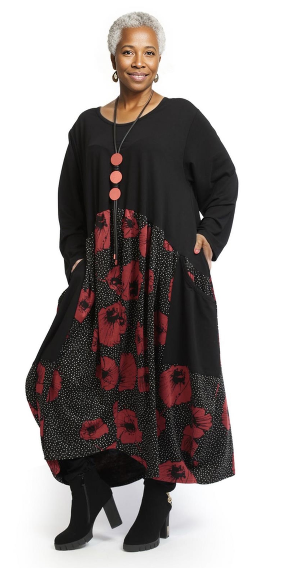 AKH oversized viscose mix A-lijn jurk apart stretch zwart/rood