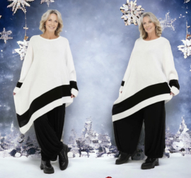 AKH oversized asymmetrisch gebreide tuniek/poncho  apart stretch wit/zwart