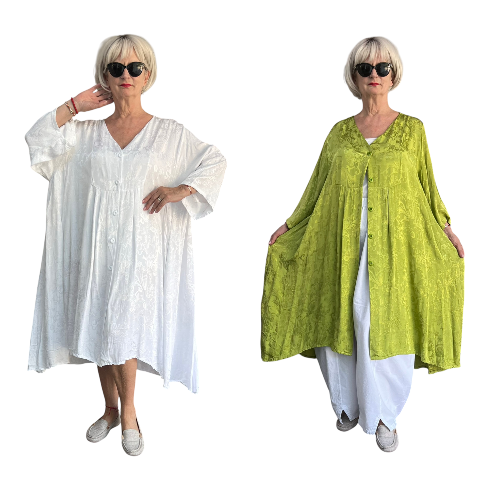 MB Germany satijn/viscose A-lijn jurk/blouse  met zakken/in meerdere kleuren