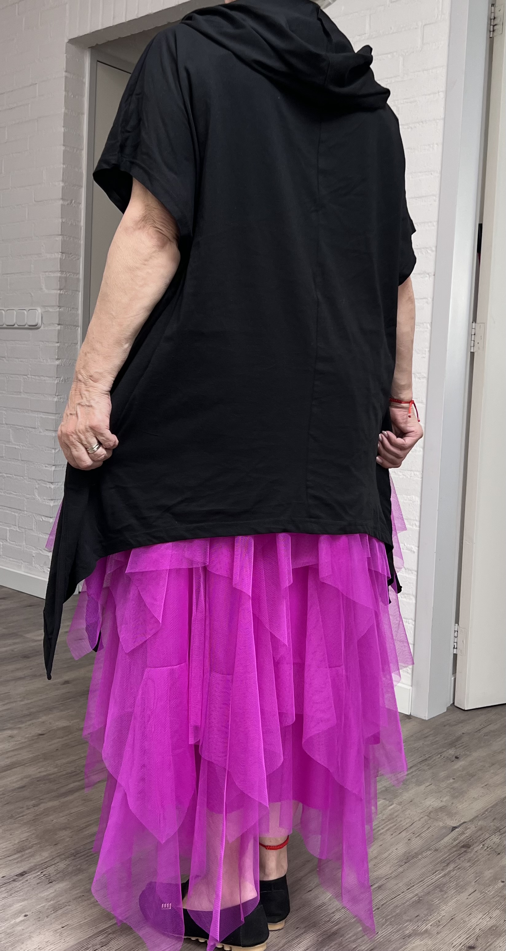 EU Queen design katoen oversized top met capuchon stretch zwart