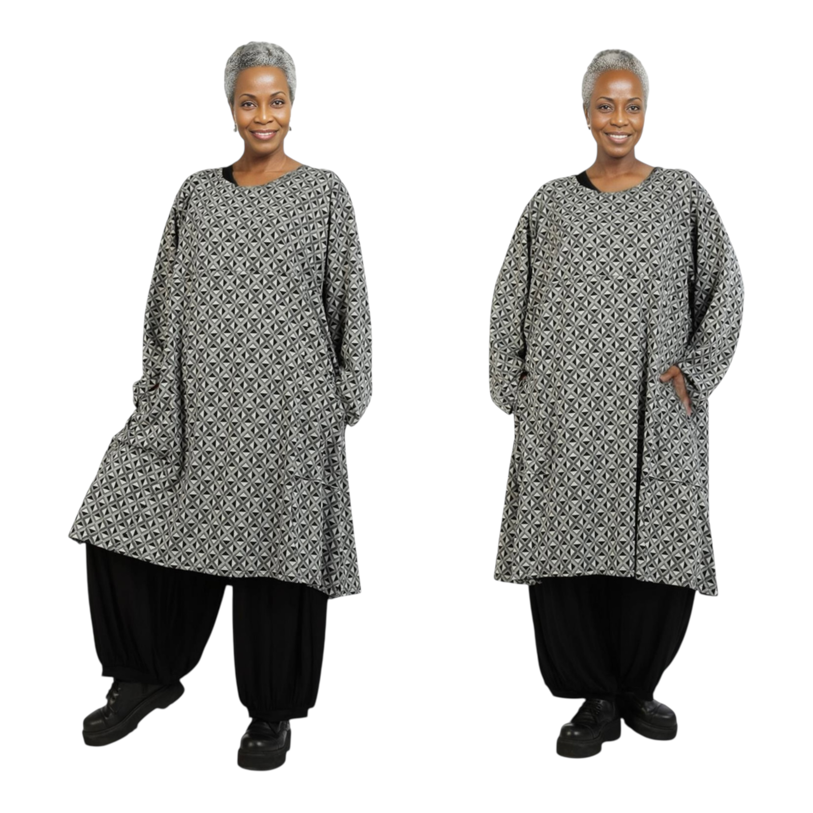 AKH oversized viscose mix jurk/tuniek apart stretch zwart/grijs