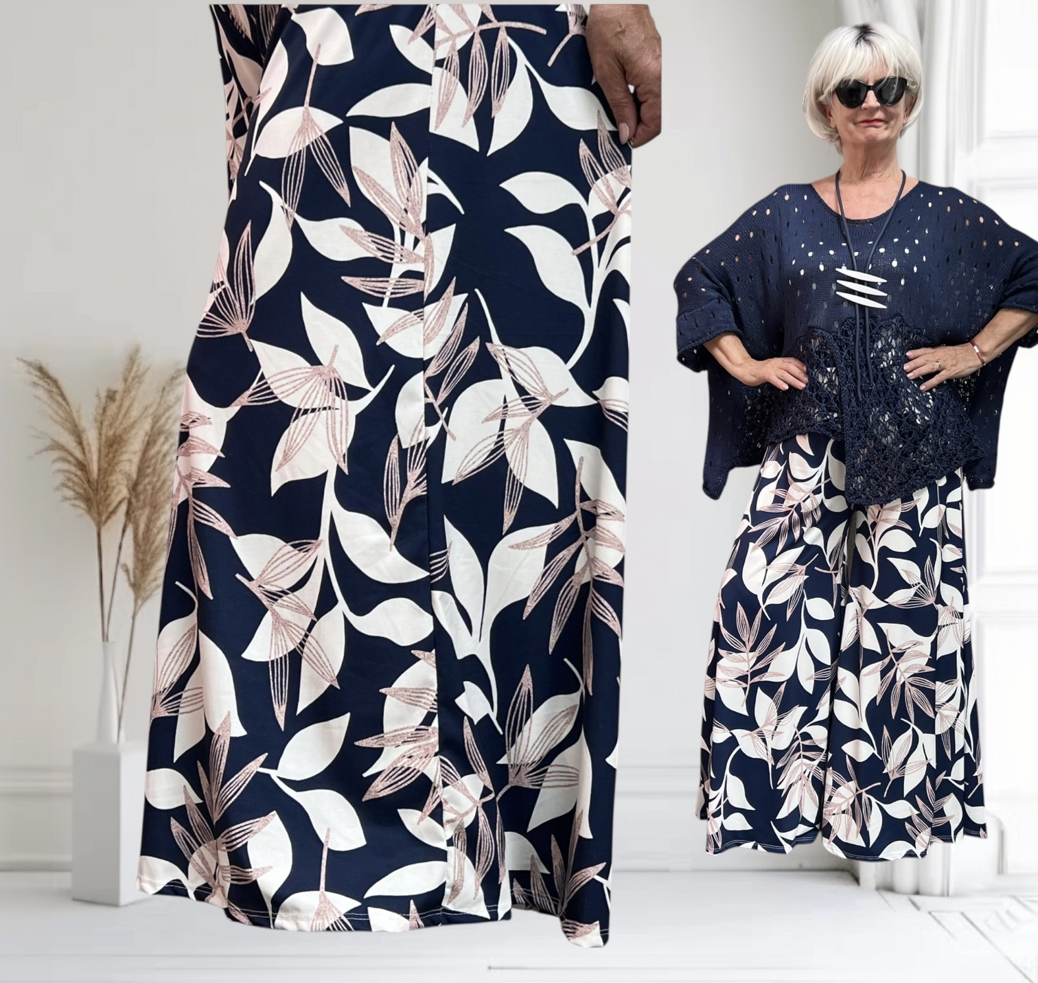 ITALY Mode jersey viscose  wijde broek apart /zeer rekbaar donkerblauw 