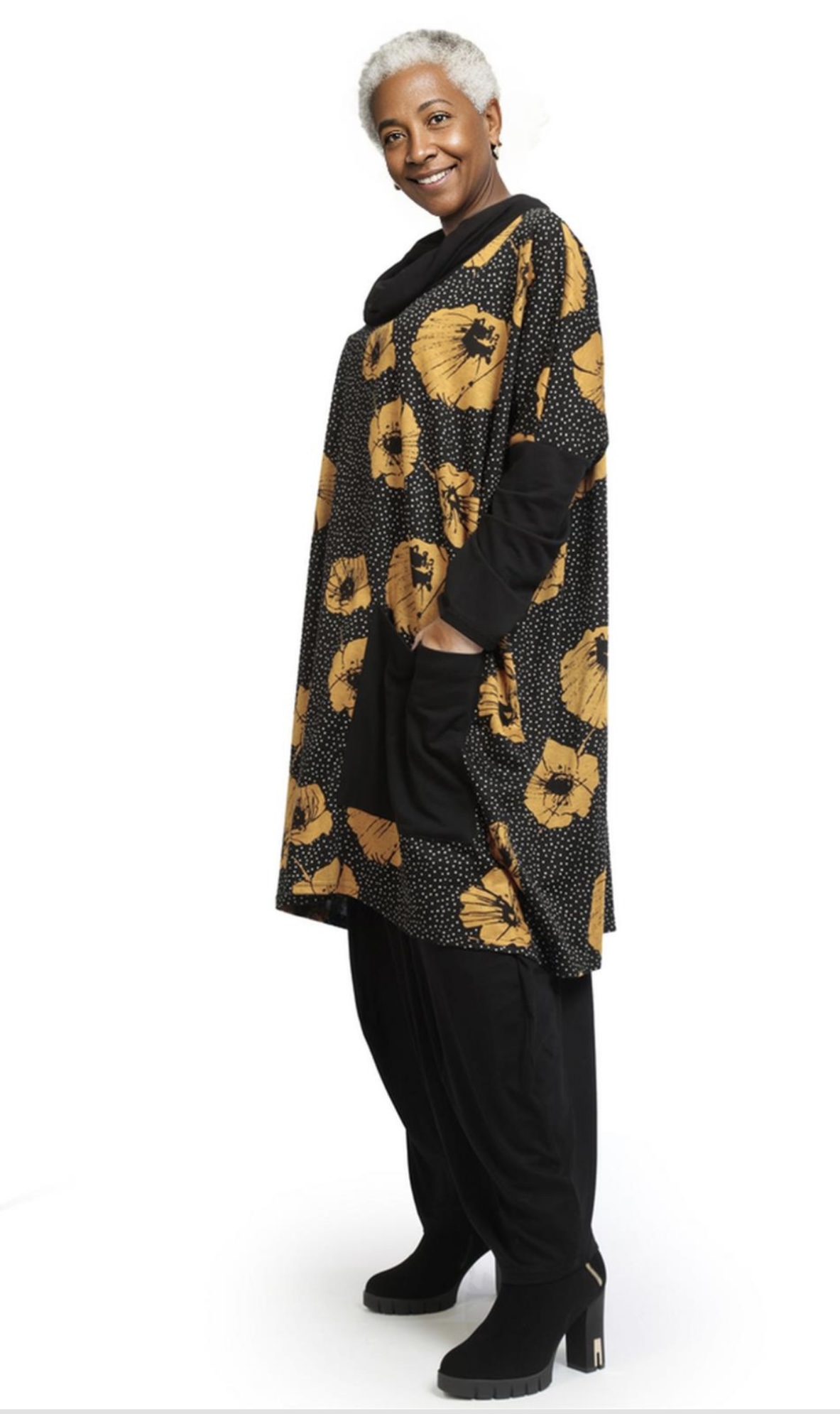 AKH oversized viscose mix tuniek apart stretch zwart/okergeel