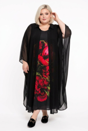 SASHA DIVA oversized chiffon  A-lijn jurk + blazer  zwart met bloemen