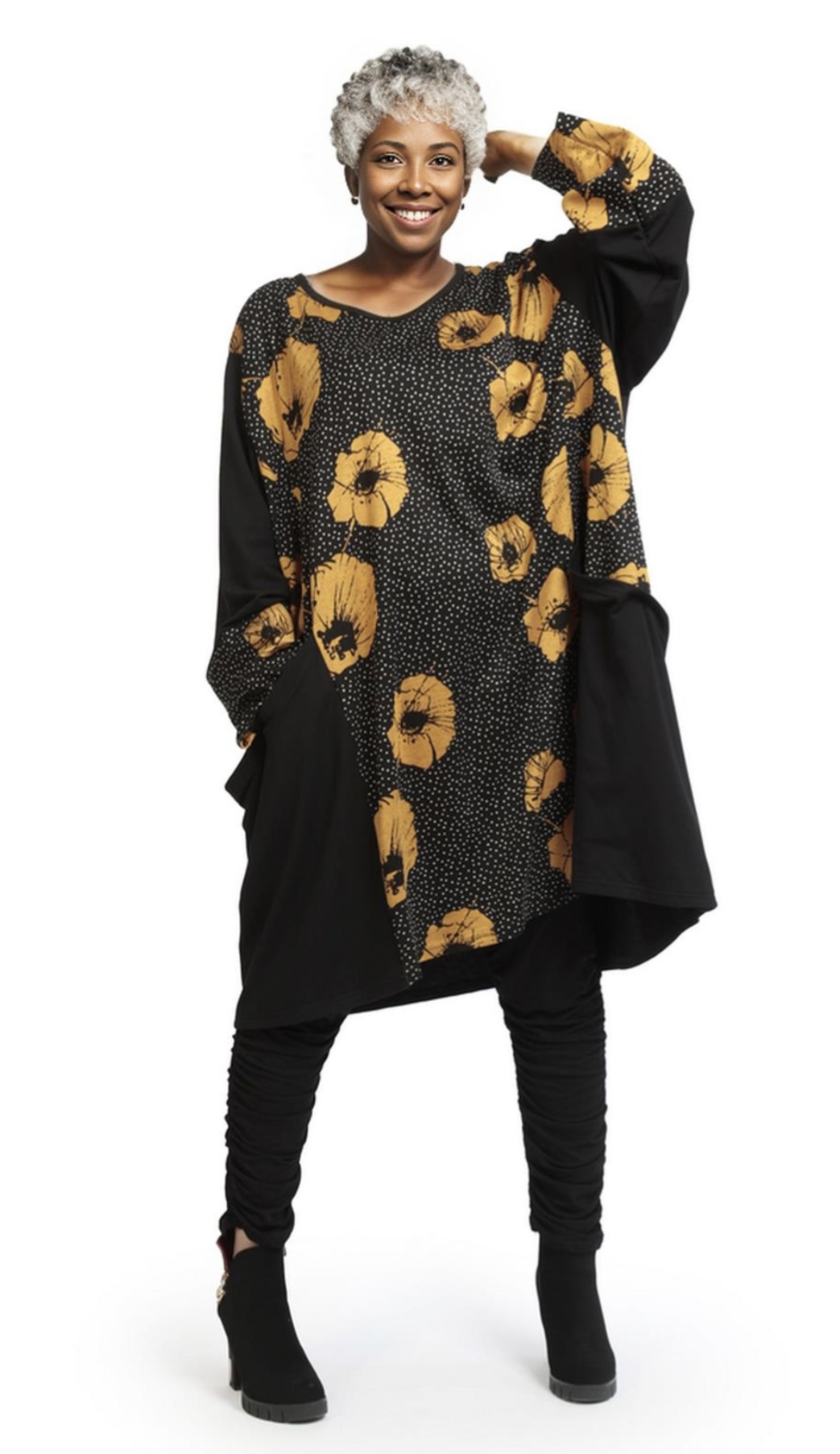 AKH oversized viscose mix tuniek apart stretch zwart/okergeel