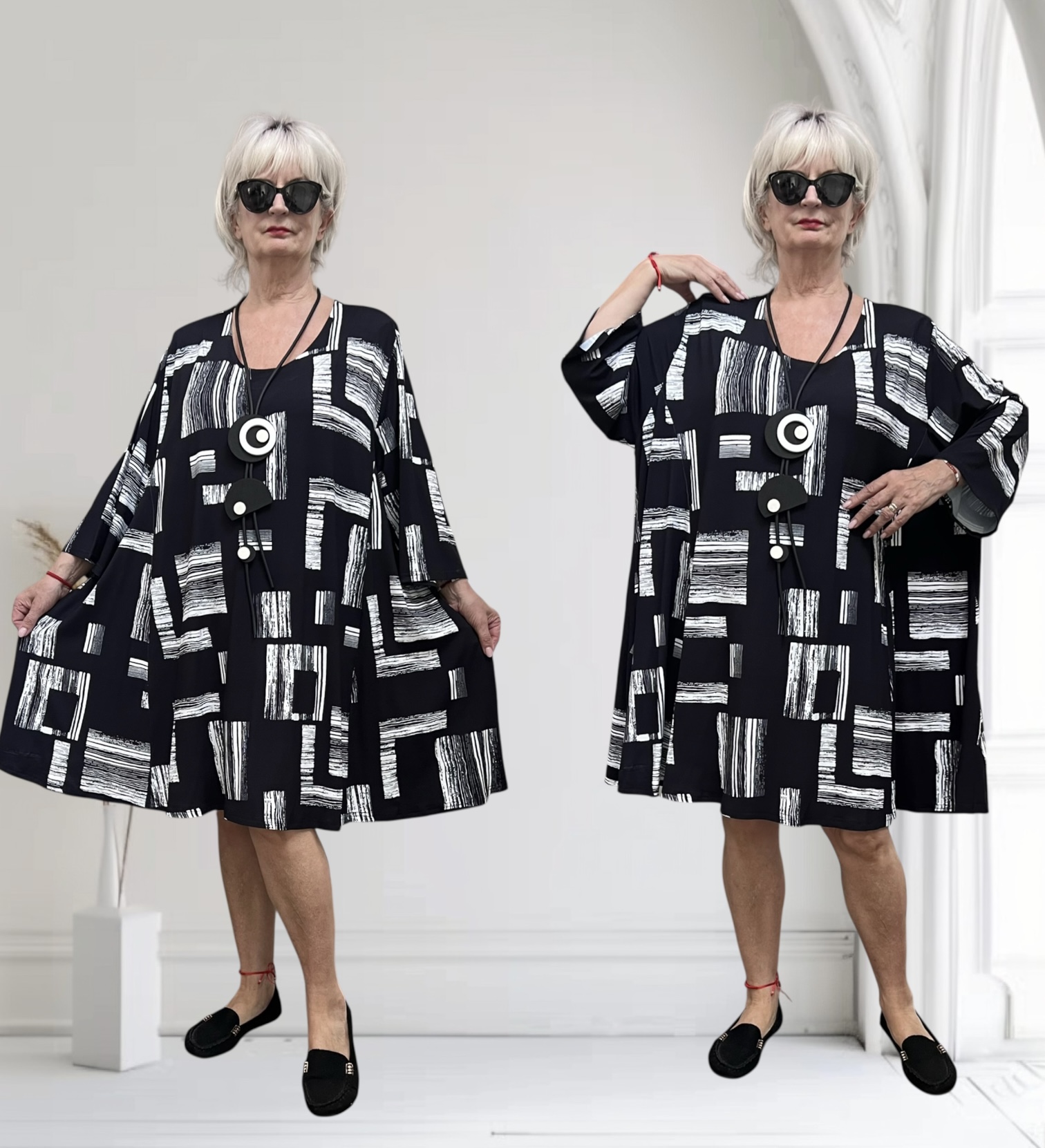 New Jersey oversized viscose A-lijn jurk/tuniek / stretch/zwart/wit