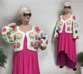 AGE oversized  acryl lotusbloemen patchwork korte vest, handgemaakt