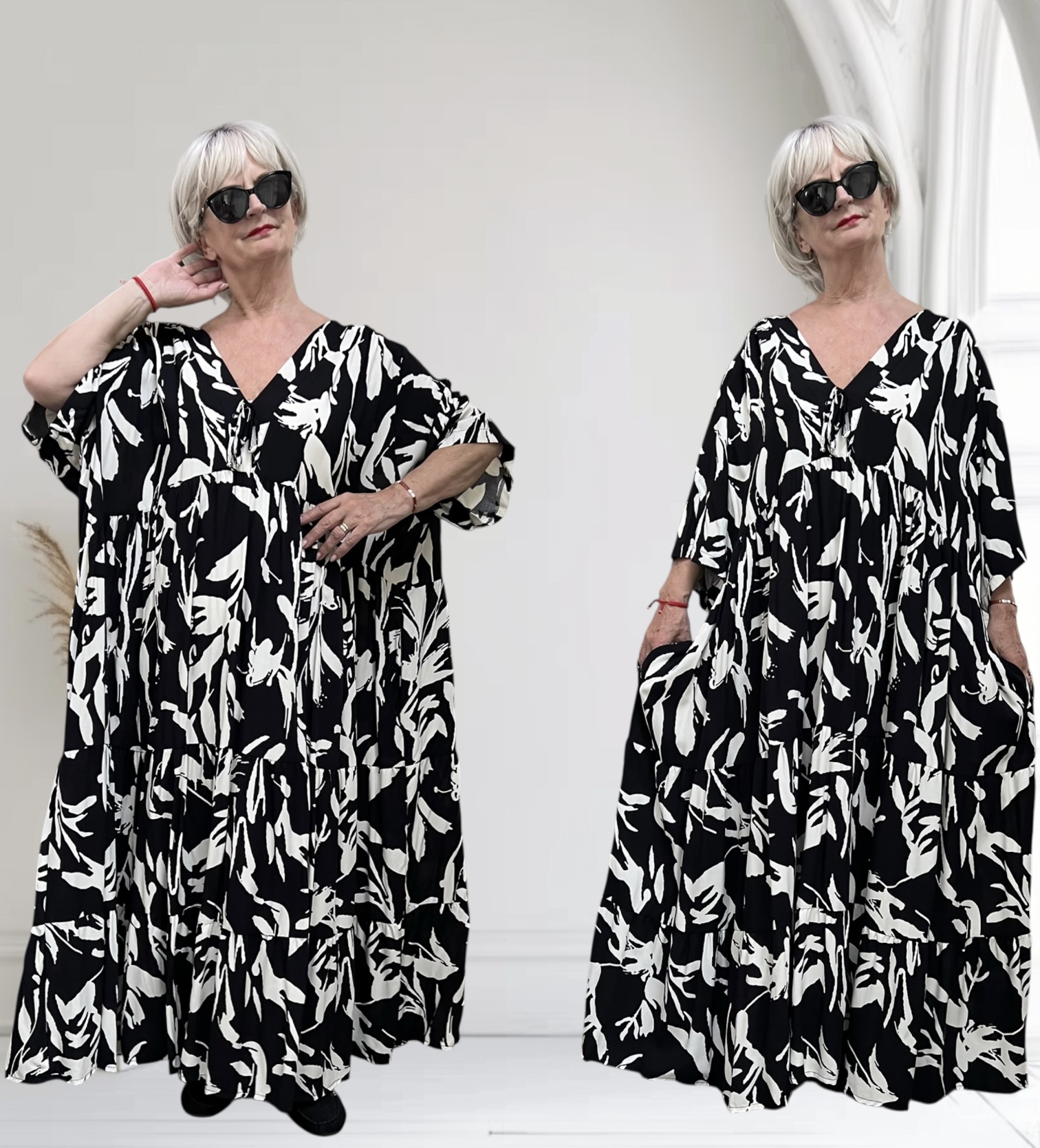 Vincenzo Allocca oversized viscose  BOHO A-lijn jurk apart zwart/wit