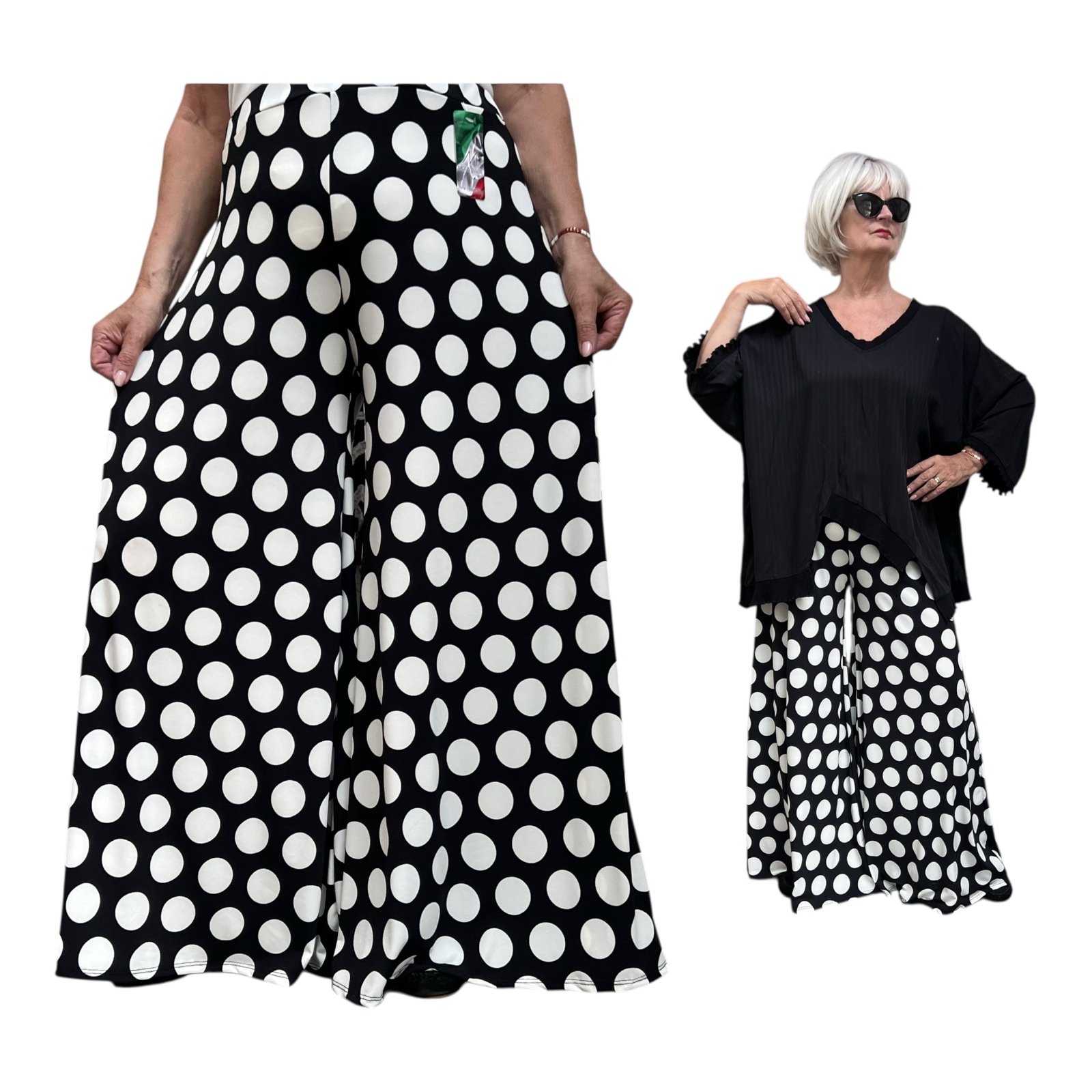 ITALY Mode jersey viscose  wijde broek apart /zeer rekbaar/zwart/wit